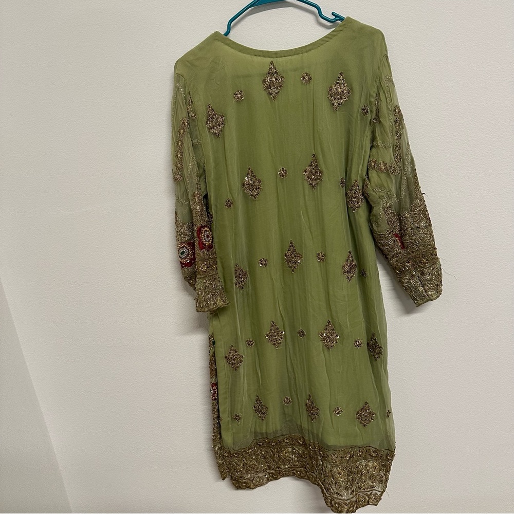 Lime Green and Red Three-Piece Salwar Kameez Heavy Stonework Outfit Size Large - Picture 8 of 12